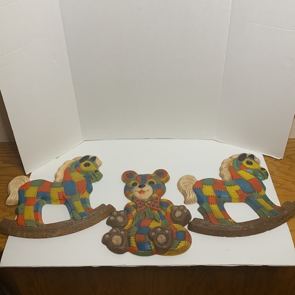 70’s Patchwork Collection | 2 Rocking Horses & 1 Teddy Bear Artwork Wall Hangs - Picture 12 of 13